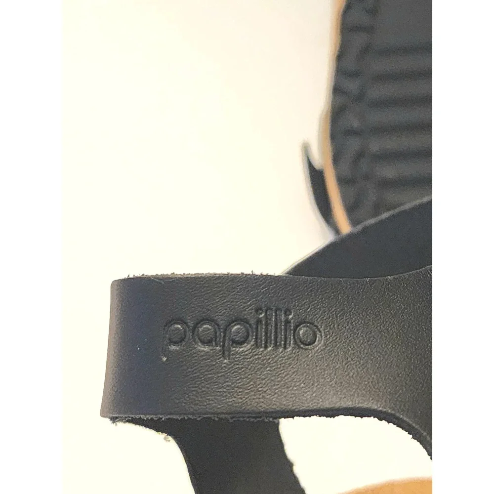 Papillio by Birkenstock Soley Black Leather Cork Slingback Wedge Sandals 38 7